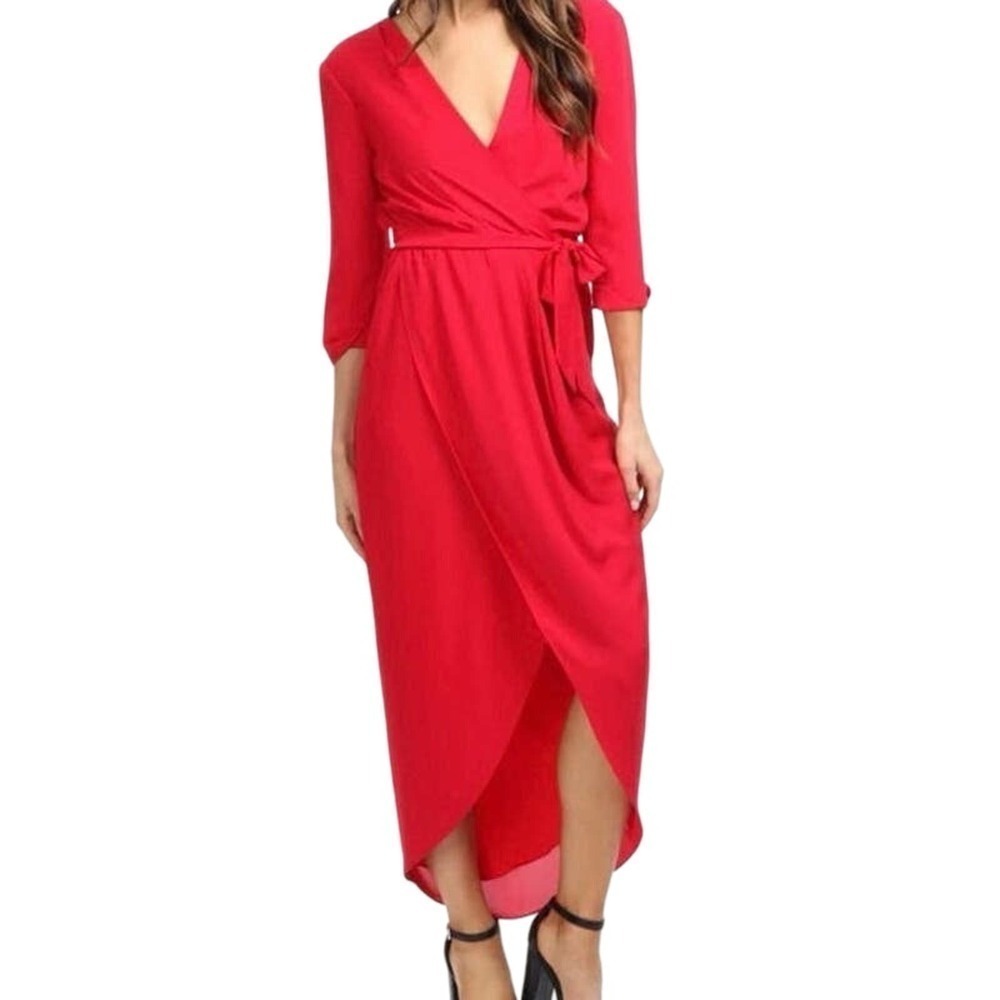 NWT AMANDA UPRICHARD Scarlet Red Provenance Faux-Wrap Timeless Midi Dress SZ 2X